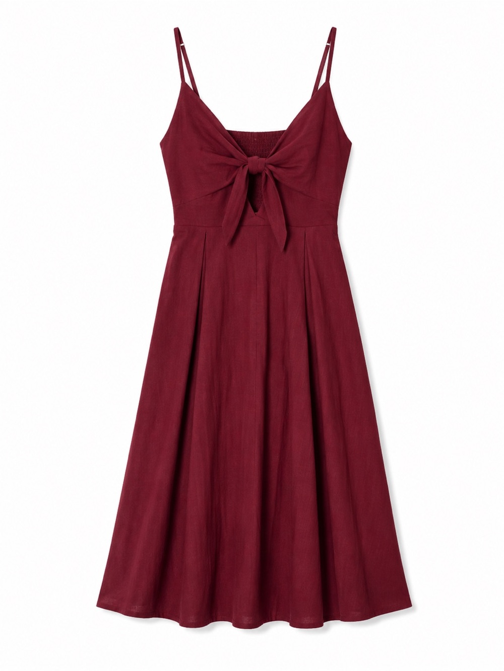 Burgundy Tie Front Midi Dress Size L Smocked Back Strappy A-Line Cottagecore
